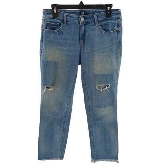 GAP Jeans Womens Size 26 Distressed Patchwork Mid Rise Raw Hem Cropped Denim - Picture 1 of 6